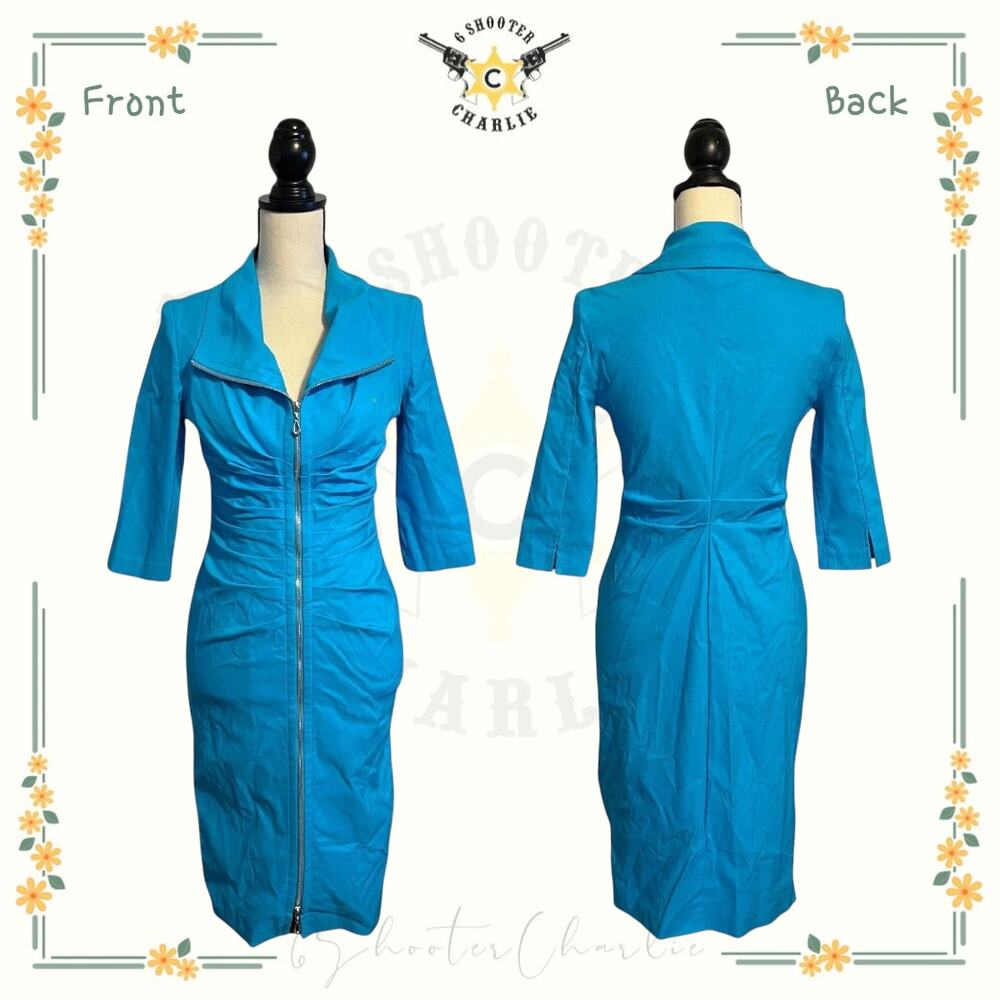 Joseph Ribkoff Ruched BlueDress Full Zip Size 6 Body Con Stretch 3/4 Sleeve